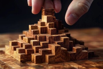 Poster - A person constructing a wooden pyramid using small blocks