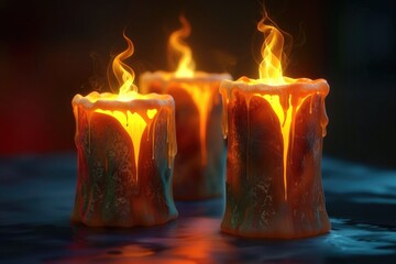 Poster - Three burning candles placed on a surface, suitable for use in various settings and themes