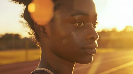 African female athlete listening music after workout. 