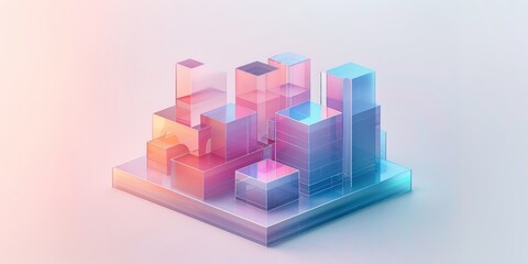 Abstract Futuristic 3D Render Minimalistic Style with Floating Geometric Shapes Isometric Design, Light Color Theme, Bright Background, and Soft Lighting