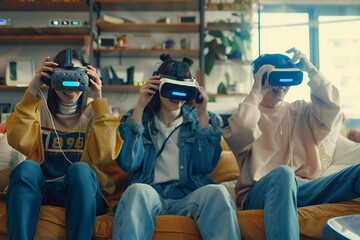 Sticker - In the living room, three young friends wearing VR headsets play video games on their gaming consoles while laughing and having fun together. The concept of entertainment with virtual reality technolo