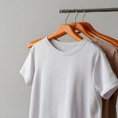 White two t-shirts  mockup on the hanger Template man shirt summer clothes mock up on steel hangers against gray wall