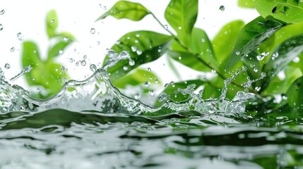 Poster - A close-up view of water droplets falling onto a green plant, creating tiny ripples and splashes