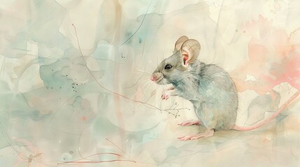 Poster -   A painting of a mouse atop a table adjacent to a mural of foliage and blossoms on a wall