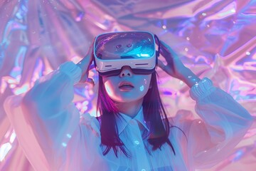 Poster - A young woman wearing VR glasses is posing with her hands on the sides of his head, his face covered by holographic light effects. She wears white and blue . The background color palette includes shad