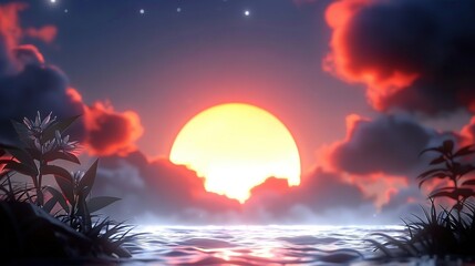 Sticker -   A sunset over a body of water with plants in the foreground and a star in the sky in the background is a beautiful scene