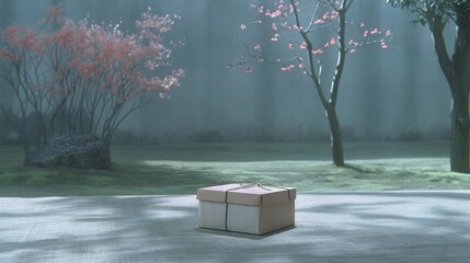 Poster -   A box sits on the ground in front of a tree with pink flowers in a park