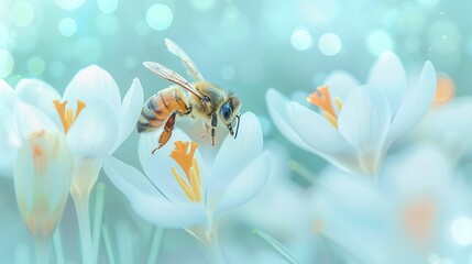 Sticker -   A bee atop a white tulip amidst a sea of tulips, beneath a blue sky