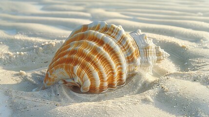 Sticker -   Close-up of seashell on sandy beach with water background and sand in foreground