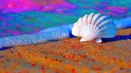 Poster -   A close-up of a seashell on a sandy beach beside the water, featuring red and blue dots