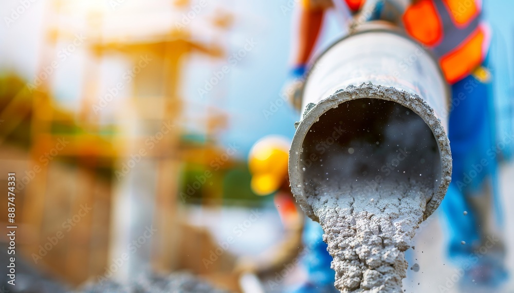 Concrete Mixer Truck Pouring Cement at Construction Site with Workers ...