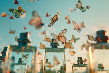 Poster - A collection of perfume bottles surrounded by fluttering butterflies