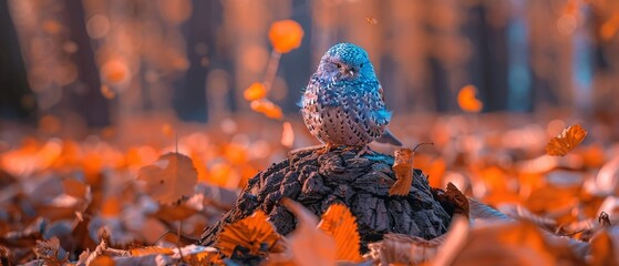 Poster -   Blue owl perched on tree stump amidst dense forest foliage