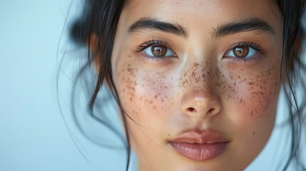 Close-up of a woman's face with sunlight filtering through leaves, creating a natural and serene atmosphere.