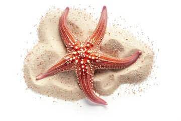 Poster - A vibrant red starfish lies on the surface of a sandy beach, surrounded by calm ocean waters