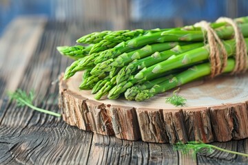 Poster - Fresh asparagus spears arranged on a wooden cutting board, ideal for food photography and recipes