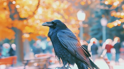 Wall Mural -  A monolithic ebony avian perched atop a wooden plank adjacent to a sprawling urban park brimming with benches & bustling crowds