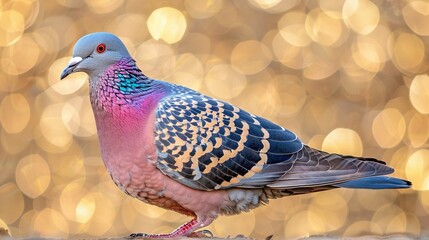 Poster -   A close-up of a bird on the ground with a hazy boke of lights in the background behind it