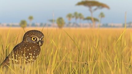 Canvas Print -   An owl perched amidst towering grasses, surrounded by swaying palm trees and set against a vibrant blue sky