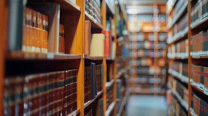 Canvas Print - Legal office with blurred background, focusing on shelves of law books and documents