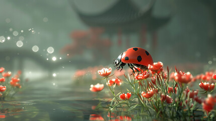 Sticker -   A ladybug resting atop red blossoms by a lake with a bridge in the background