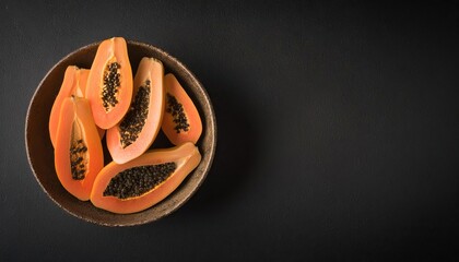 Poster - papaya in a bowl on a black background, top view, copy space