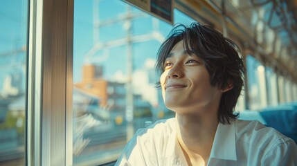 Young Japanese man riding bus