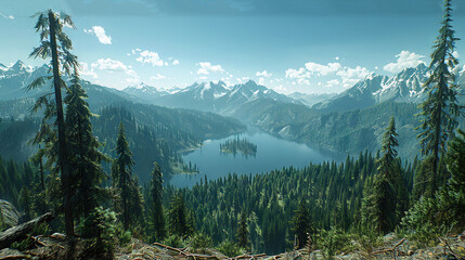 Sticker -   A picturesque scene of a serene lake nestled amidst majestic pine trees against a backdrop of cerulean skies and fluffy white clouds