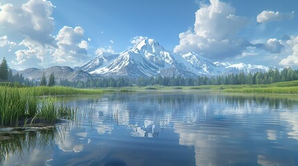 Poster -   A lake reflects a mountain range with grass and reeds in the foreground