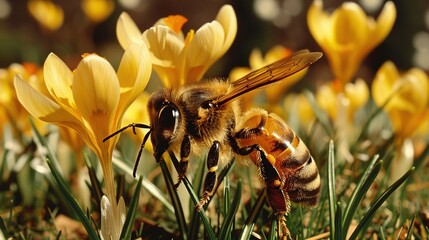 Poster -   A bee atop a green field amidst yellow daffodils