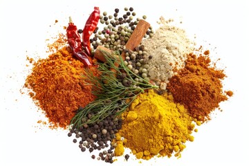 Poster - A variety of spices and herbs arranged on a white surface for display or use