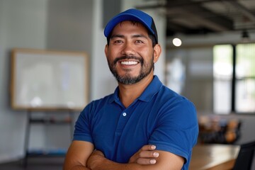 A man in the office looks at the camera with his hands crossed