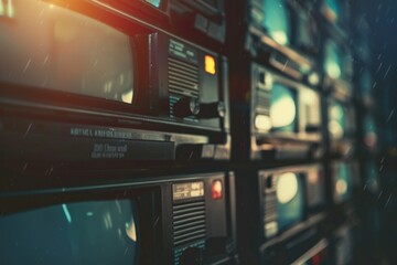 Poster - A group of televisions stacked on top of each other, with screens displaying different images and text