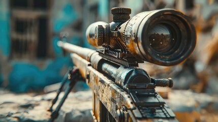 Wall Mural - A detailed view of a rifle mounted on a tripod, ideal for photography or artistic purposes