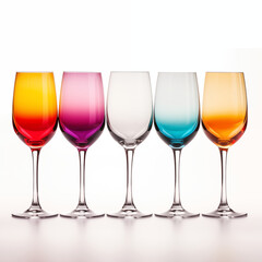 Colorful Wine Glasses With Liquids Splashing In A Row On A White Background