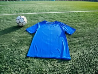 Wall Mural - blue football shirt on a football field; match shirt; visible lines; a football; 