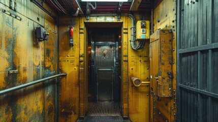 Aufkleber - A hallway with a metal door leading into a building