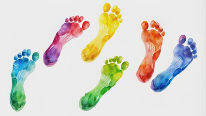 Vibrant watercolor rainbow footprints on a white background, creating a colorful and whimsical walking path pattern, isolated and bare, perfect for illustrations and designs.