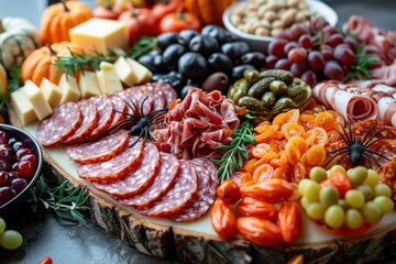 Halloween Charcuterie Board. meat and cheese plate , snack, food for Halloween. party food idea.