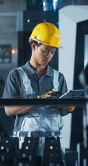 Leinwandbilder - Vertical Screen: Asian Technician Setting Up Automation Protocols on a Modern Robotic Arm. Male Using a Tablet Computer to Operate a Technological Piece of Machinery at a Metal Production Factory