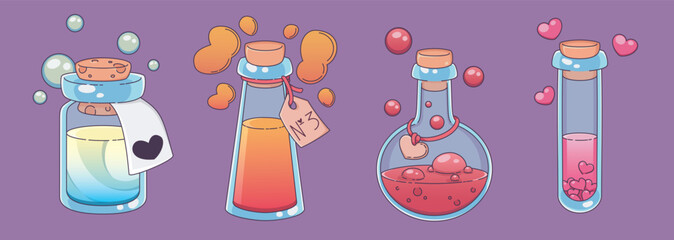 Aufkleber - Magic love potion in glass bottle and flask. Cartoon vector illustration set of cute pink and red romantic elixir with heart shaped bubbles and signs for game ui and Valentine day congratulation.