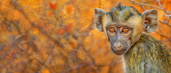 Poster -   A monkey's close-up in front of an orange-eyed tree amidst blurred leaves