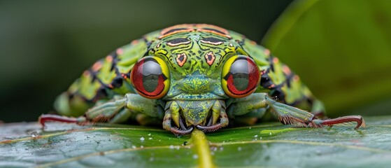 Canvas Print -   Green bug with red eyes and a green leaf in the foreground surrounded by green foliage in the background