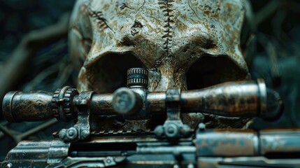 Poster - A close-up shot of a gun and a skull, suitable for use in various contexts such as crime scenes, horror movies, or military themes