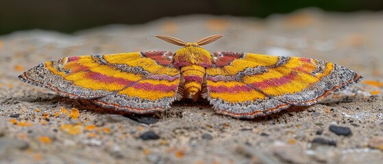 Wall Mural -   A close-up of a yellow and red moth on a rock with yellow and red stripes on its wings