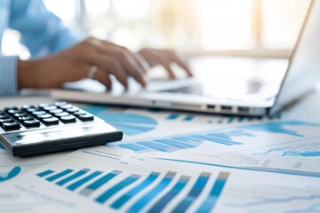 Poster - A consultant's hand reviewing detailed financial charts and documents, with a calculator and laptop nearby. The image emphasizes accuracy in financial reporting and analysis.