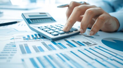 Poster - a consultant's hand analyzing detailed financial charts and documents, with a calculator and reports