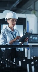 Leinwandbilder - Vertical Screen: Manufacturing Technician Working on a Tablet Computer at a Factory Space. Caucasian Female Specialist Developing, Maintaining, Fine-Tuning Programs on a Robotic Arm Assembly Line