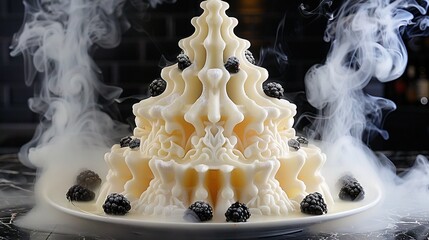 Sticker -   A Christmas tree cake on a plate with steam rising from the top