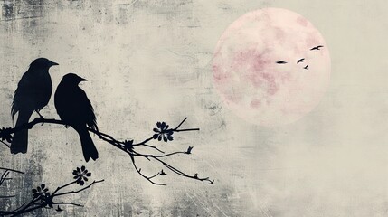 Wall Mural -   Two birds perched on a tree branch facing the full moon and a pink moon in the background